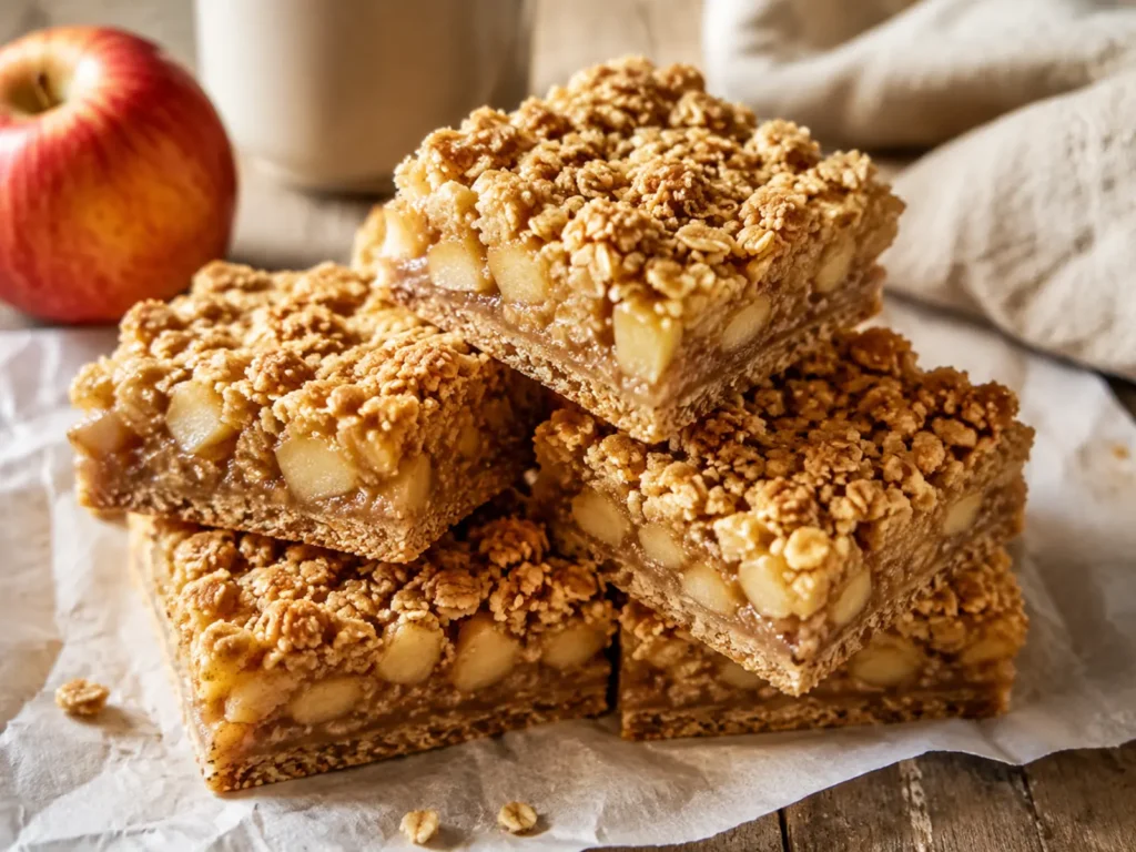 Apple Oatmeal Breakfast Bars stacked on parchment with visible apple filling and golden oat crumble