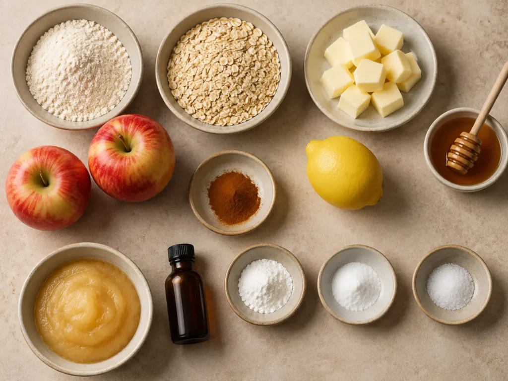Ingredients for Apple Oatmeal Breakfast Bars arranged with apples, whole-grain flour, rolled oats, butter, honey, cinnamon, lemon, vanilla, baking powder, baking soda, salt, and applesauce