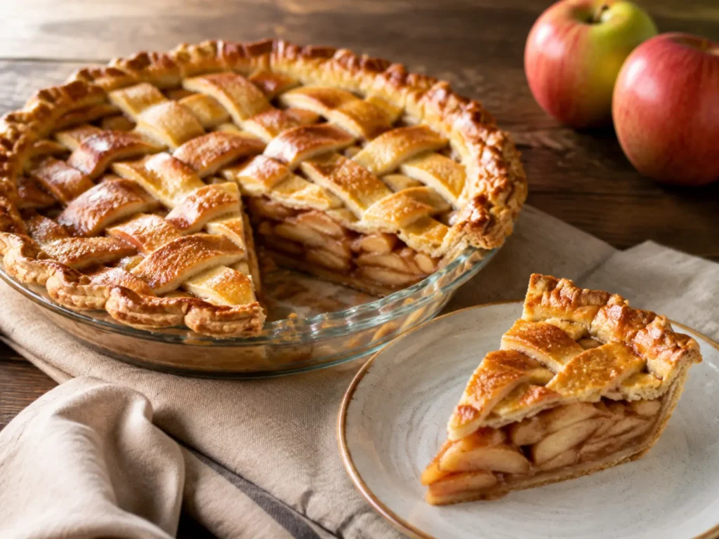 Classic double-crust Apple Pie with a golden flaky lattice and one slice revealing cinnamon-spiced apple filling