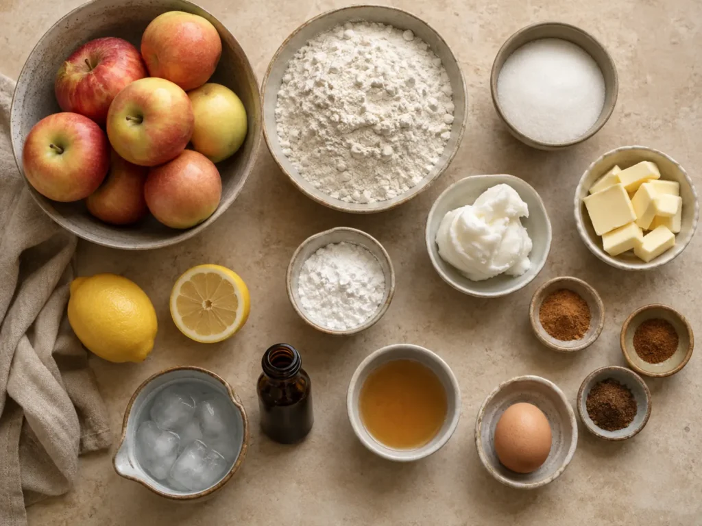 Ingredients for Apple Pie arranged with sliced apples, flour, sugar, butter, shortening, cornstarch, lemon, cinnamon, nutmeg, allspice, salt, ice water, vanilla, and egg wash