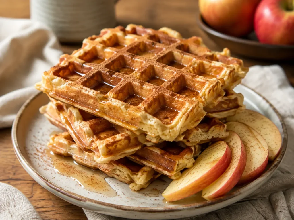 Crisp golden Apple Waffles stacked with visible grated apple texture, cinnamon, fresh apple slices, and maple syrup