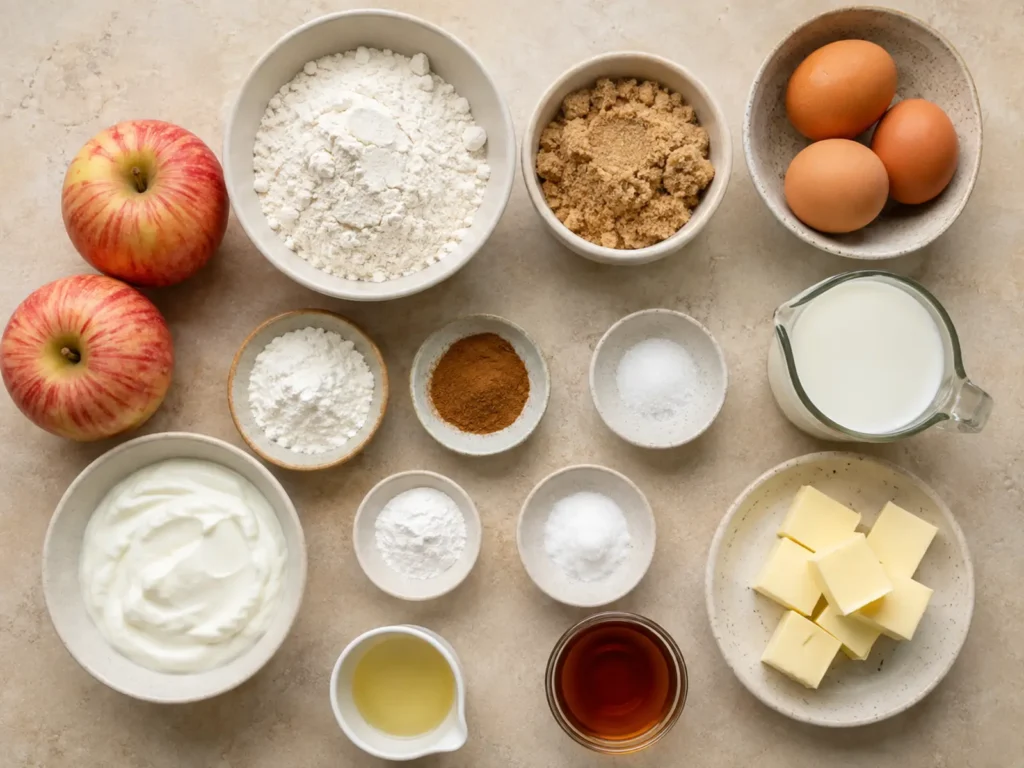 Ingredients for Apple Waffles arranged with apples, flour, cornstarch, brown sugar, cinnamon, salt, baking powder, baking soda, eggs, milk, Greek yogurt, butter, and maple syrup