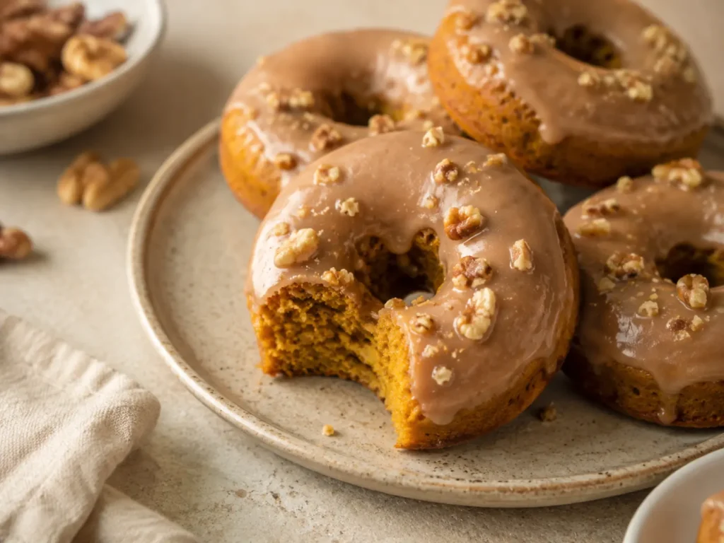 Soft Baked Pumpkin Donuts with glossy brown sugar icing and chopped walnuts