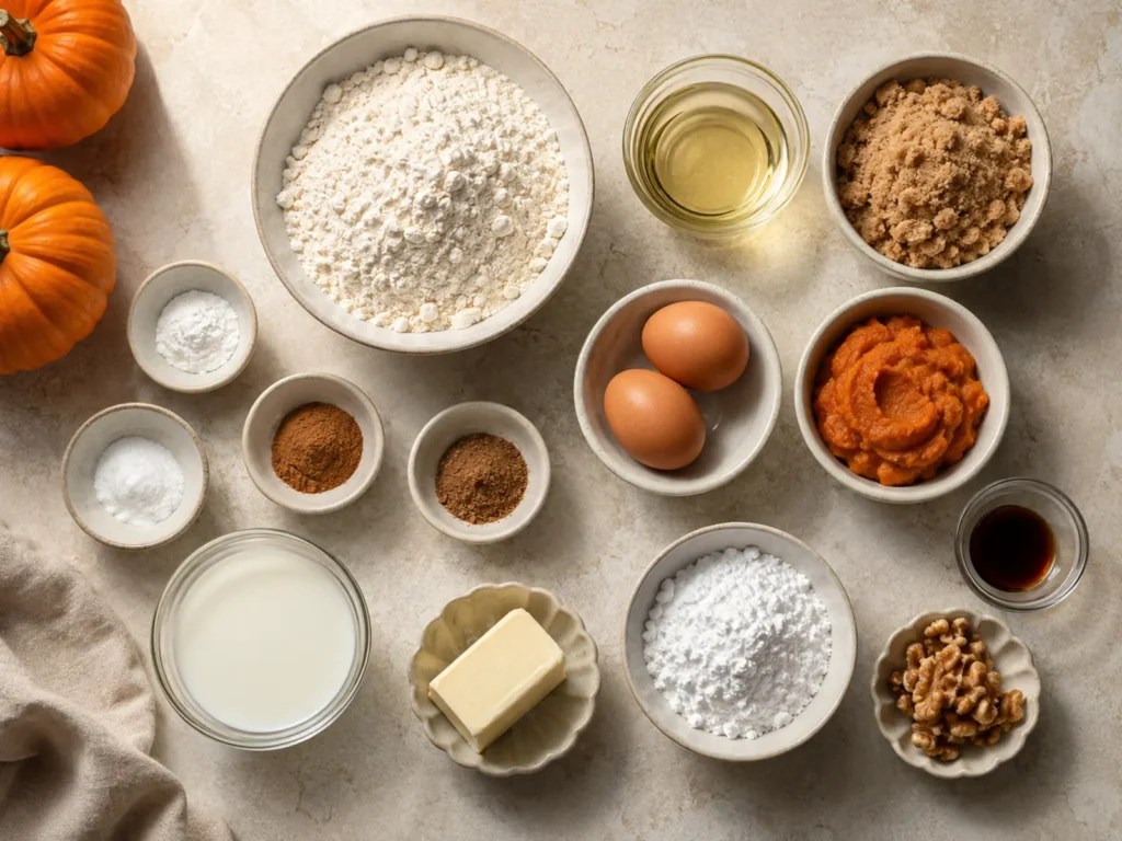Ingredients for Baked Pumpkin Donuts with flour, pumpkin, sugar, oil, eggs, milk, spices, leaveners, butter, confectioners sugar, and alcohol-free vanilla