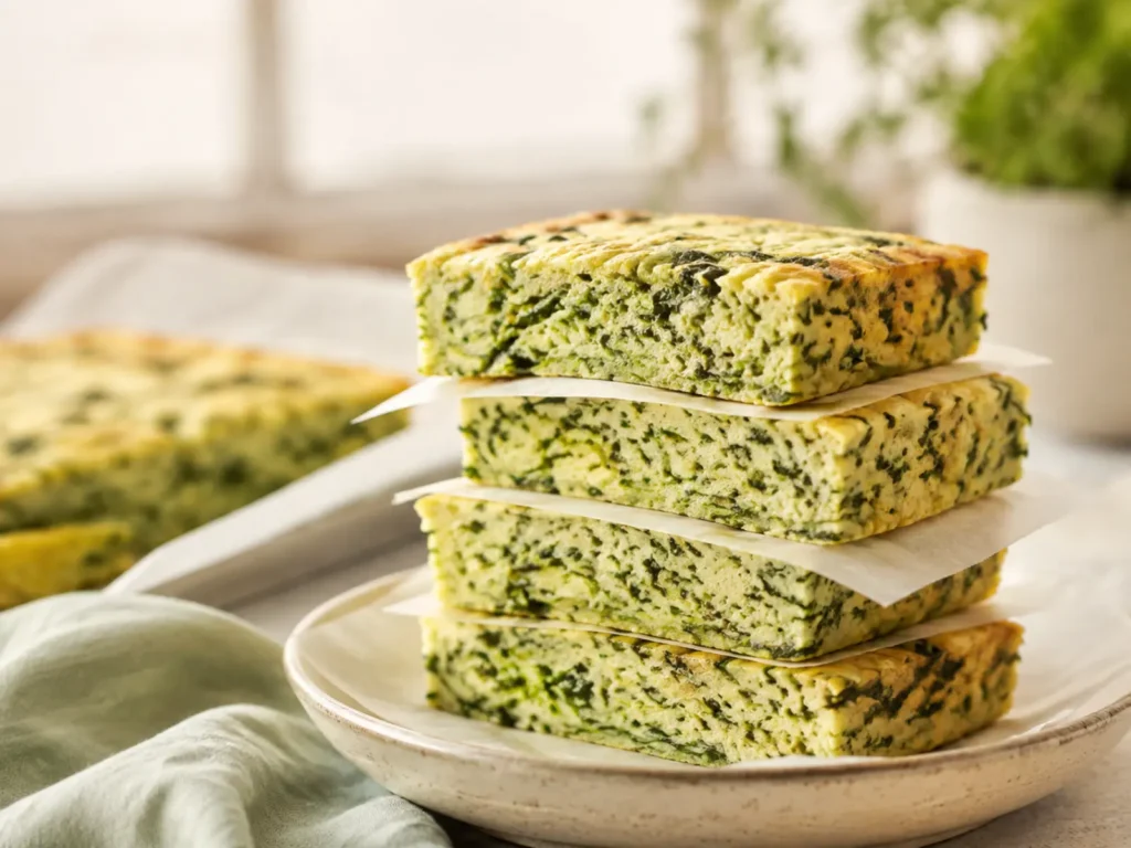Soft Baked Spinach Zucchini Frittata Fingers stacked on parchment with visible finely grated zucchini and spinach