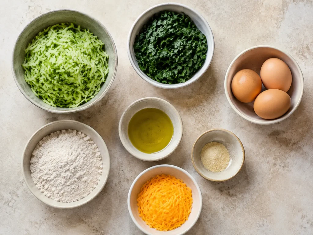 Ingredients for Baked Spinach Zucchini Frittata Fingers arranged with grated zucchini, chopped spinach, eggs, flour, olive oil, onion powder, and optional grated cheddar