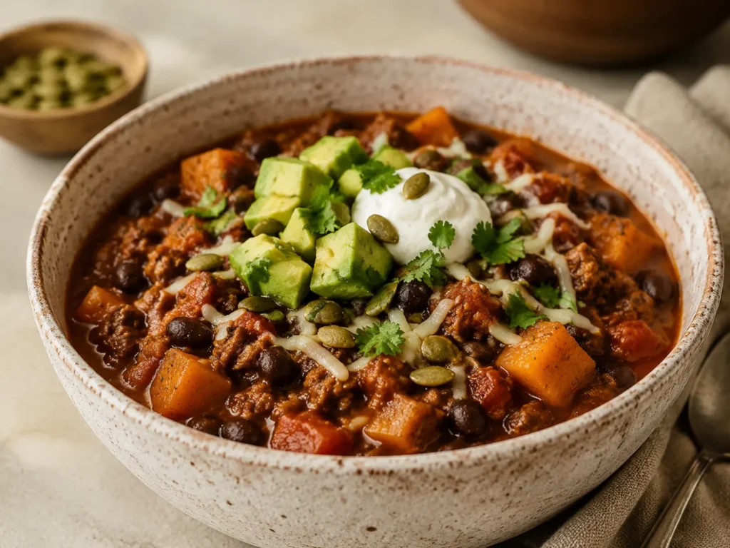 Hearty Beef Pumpkin Chili with ground beef, tender pumpkin cubes, black beans, tomatoes, and fresh garnishes