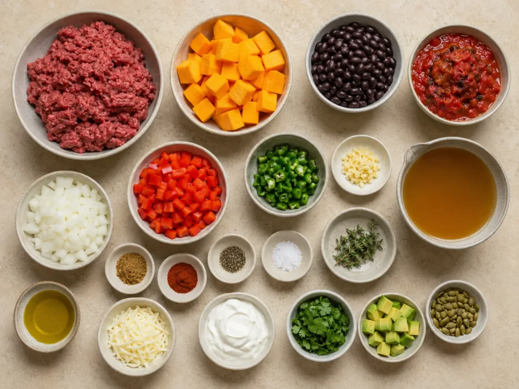 Ingredients for Beef Pumpkin Chili arranged with ground beef, pumpkin cubes, black beans, tomatoes, onion, bell pepper, jalapeño, garlic, stock, cumin, paprika, thyme, and garnishes