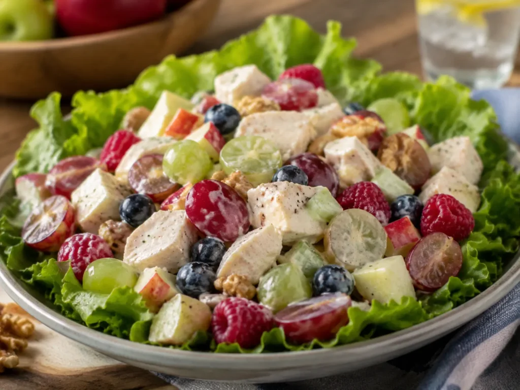 Berry Grape Chicken Salad with red and green grapes, berries, apple, chicken, celery, walnuts, and creamy yogurt on lettuce