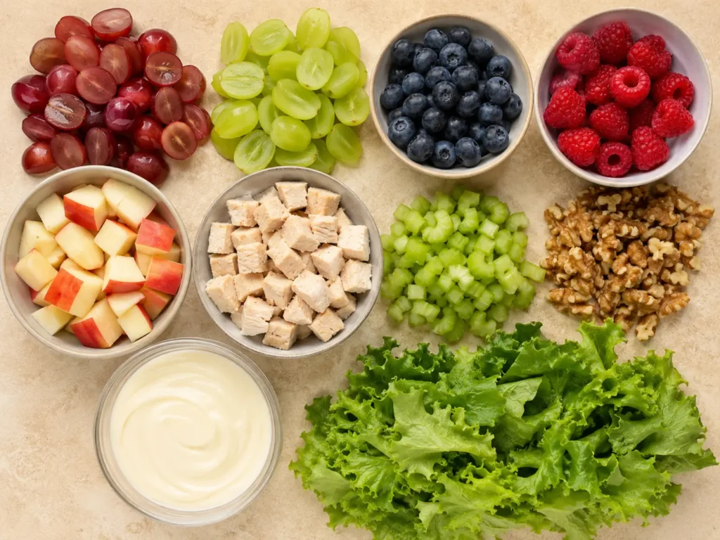 Ingredients for Berry Grape Chicken Salad arranged with cooked chicken, red and green grapes, blueberries, raspberries, apple, celery, walnuts, yogurt, and lettuce