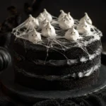 Black Cocoa Ghost Layer Cake prepared and styled for serving on a neutral kitchen table
