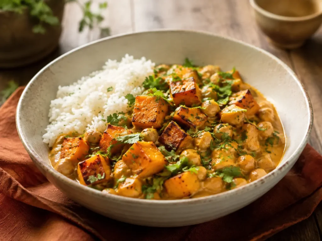 Butternut Squash and Chickpea Curry with roasted squash and chickpeas in a creamy coconut-tomato sauce