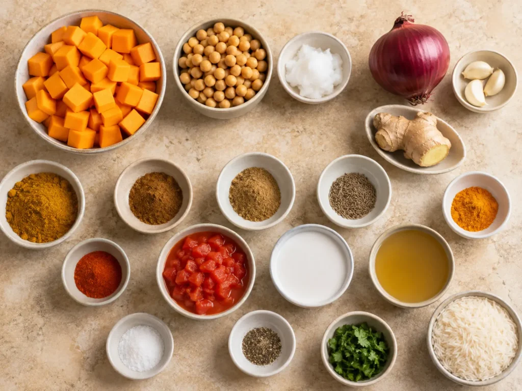 Ingredients for Butternut Squash and Chickpea Curry arranged with squash, chickpeas, coconut milk, tomatoes, onion, garlic, ginger, vegetable stock, coconut oil, spices, cilantro, and rice