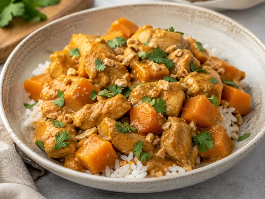 Butternut Squash Chicken Curry with tender chicken and squash in a creamy red coconut-peanut sauce