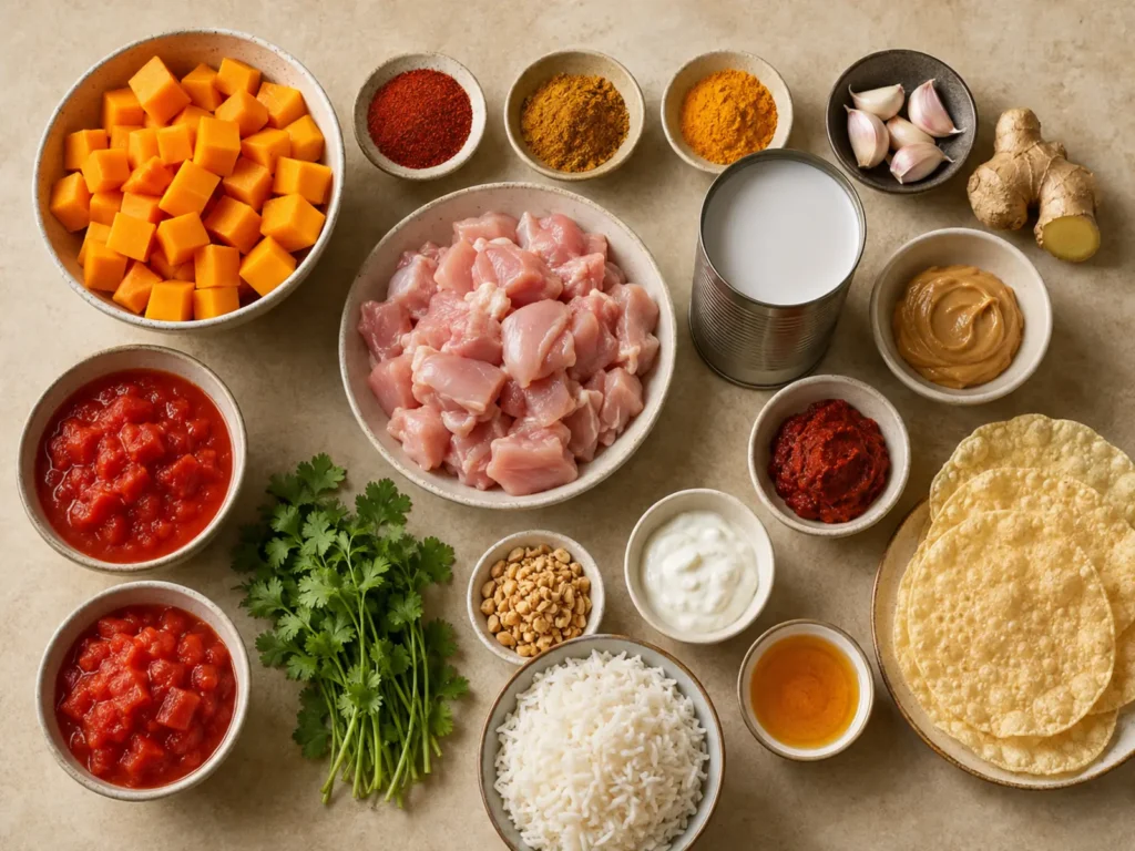 Ingredients for Butternut Squash Chicken Curry arranged with chicken thighs, squash, coconut milk, tomatoes, peanut butter, curry paste, garlic, ginger, honey, spices, cilantro, and peanuts