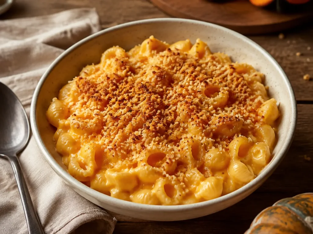 Creamy Butternut Squash Mac and Cheese in a ceramic bowl with a crisp golden panko topping
