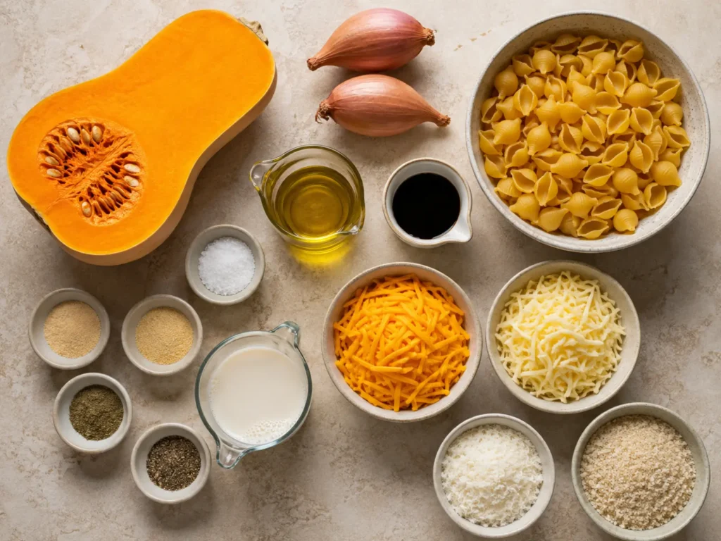 Ingredients for Butternut Squash Mac and Cheese arranged with squash, shallots, shell pasta, three cheeses, almond milk, olive oil, balsamic vinegar, panko, and seasonings