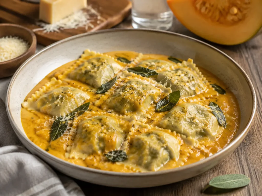 Butternut squash ravioli coated in a smooth golden cream sauce with Parmesan in a shallow bowl