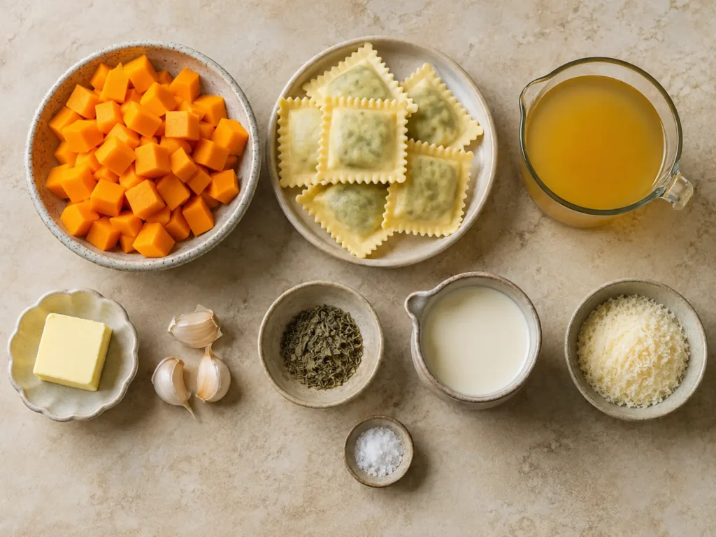 Ingredients for Butternut Squash Ravioli Sauce arranged with butternut squash, ravioli, butter, garlic, sage, vegetable stock, light cream, Parmesan, and salt