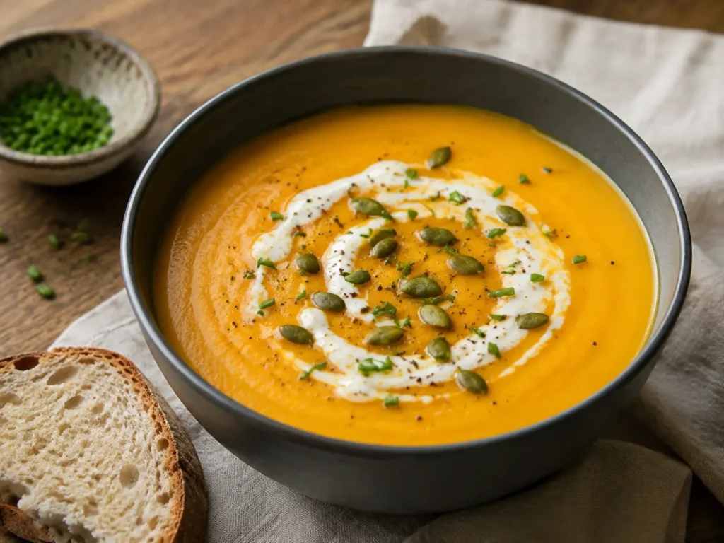 Butternut Squash Soup for Lunch in a dark ceramic bowl with Greek yogurt, toasted pumpkin seeds, chives, and black pepper