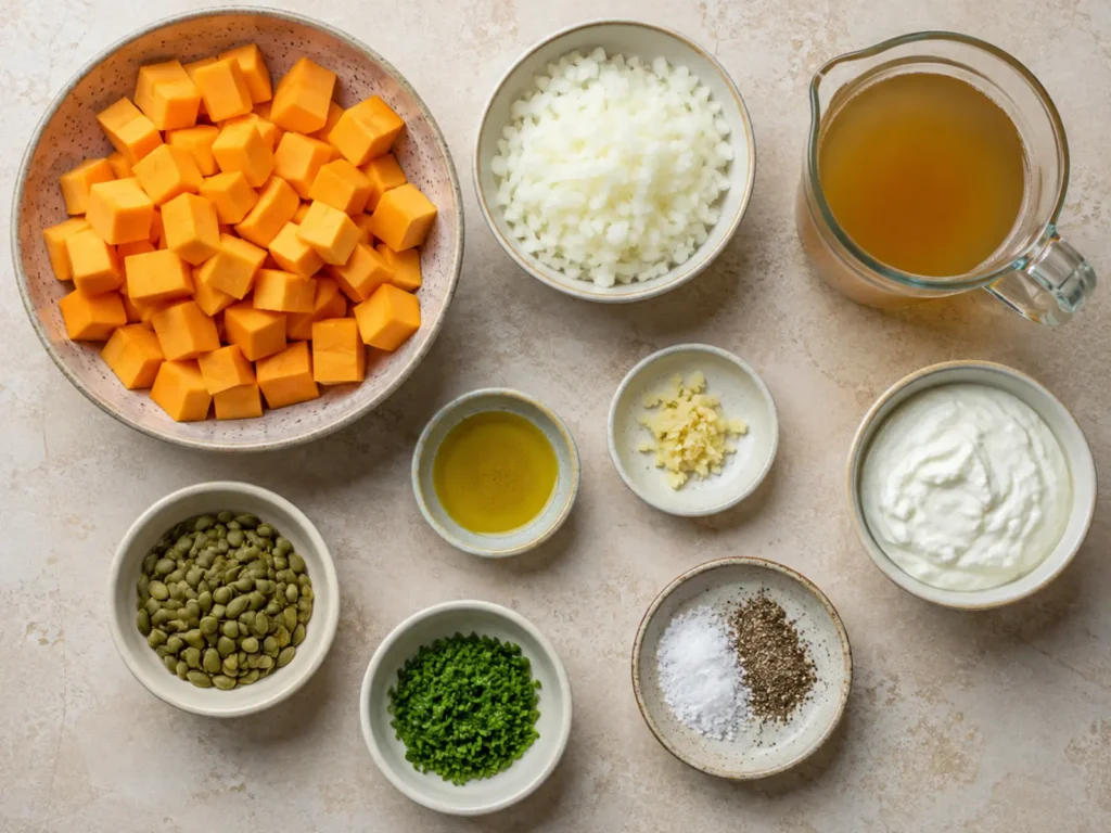 Ingredients for Butternut Squash Soup for Lunch arranged with squash, onion, garlic, vegetable stock, olive oil, Greek yogurt, pumpkin seeds, chives, salt, and black pepper