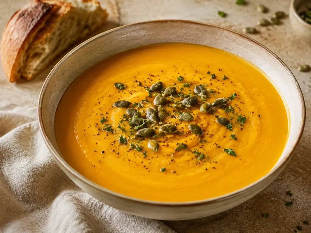 Creamy Butternut Squash Soup in a ceramic bowl topped with toasted pepitas and fresh parsley