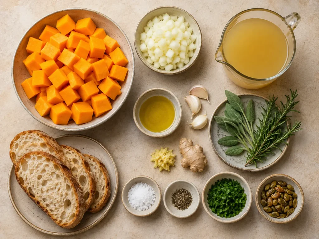 Ingredients for Butternut Squash Soup arranged with cubed squash, onion, garlic, olive oil, vegetable broth, sage, rosemary, ginger, parsley, pepitas, salt, and black pepper
