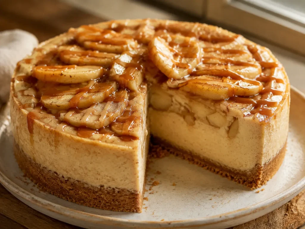 Caramel Apple Cheesecake with creamy cinnamon filling, layered apples, graham crust, and glossy caramel drizzle