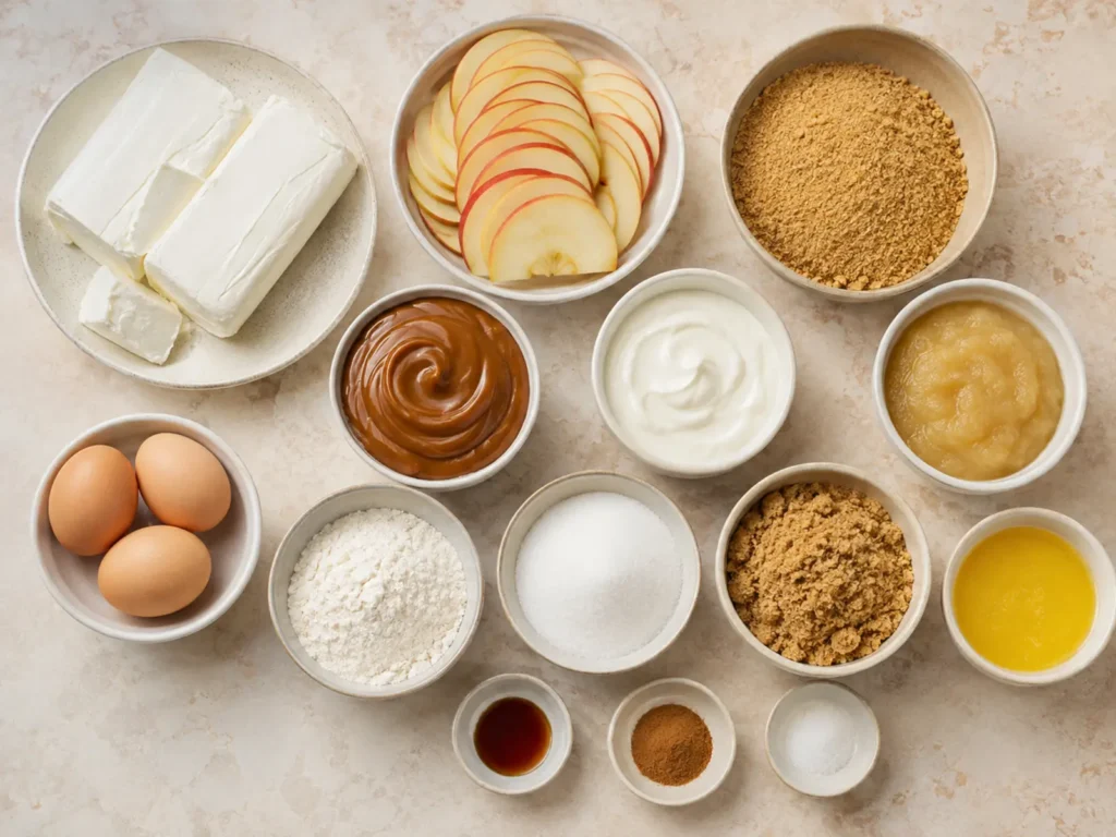 Ingredients for Caramel Apple Cheesecake arranged with cream cheese, apples, graham crumbs, caramel sauce, sour cream, applesauce, eggs, flour, sugars, butter, vanilla, cinnamon, and salt
