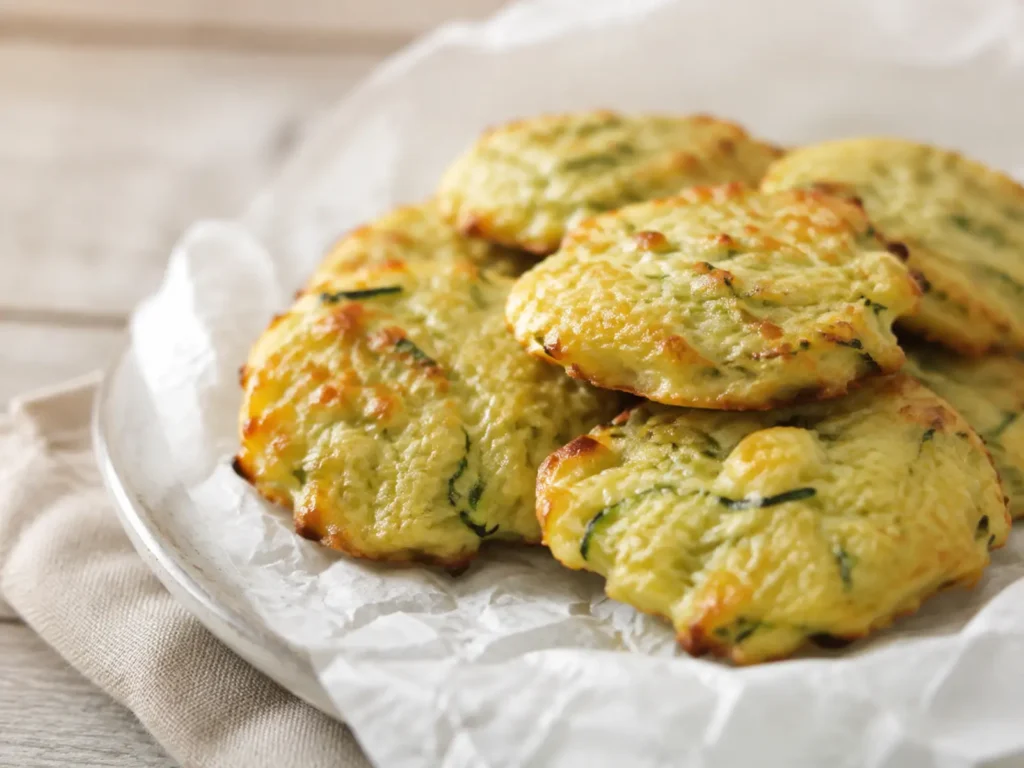 Golden Cheesy Zucchini Fritters with lightly crisp edges and a soft finely shredded zucchini center