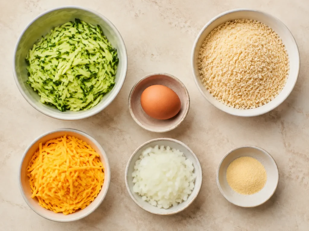 Ingredients for Cheesy Zucchini Fritters arranged with shredded zucchini, panko breadcrumbs, egg, shredded cheese, finely minced onion, and garlic powder