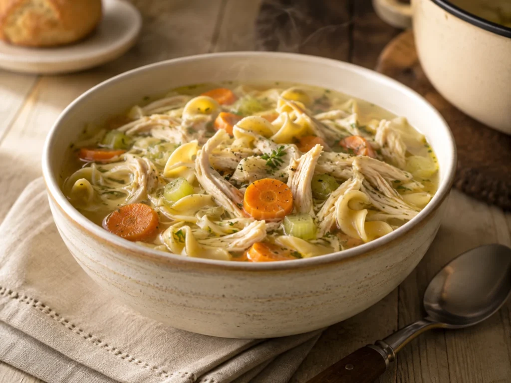 Chicken Noodle Soup prepared and styled for serving on a neutral kitchen table