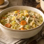 Chicken Noodle Soup prepared and styled for serving on a neutral kitchen table