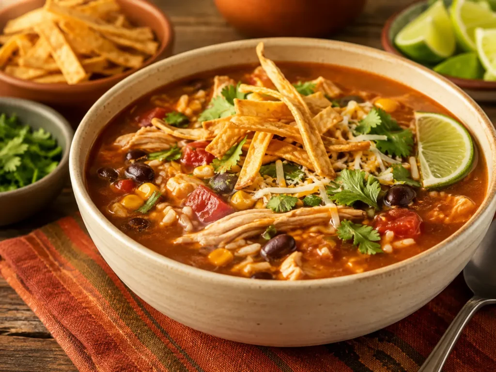 Chicken Tortilla Soup prepared and styled for serving on a neutral kitchen table