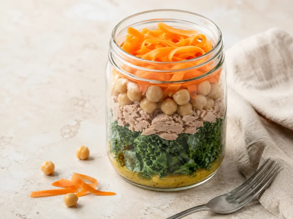Chickpea Tuna Salad with kale, shredded carrot, tuna, and chickpeas in a mason jar