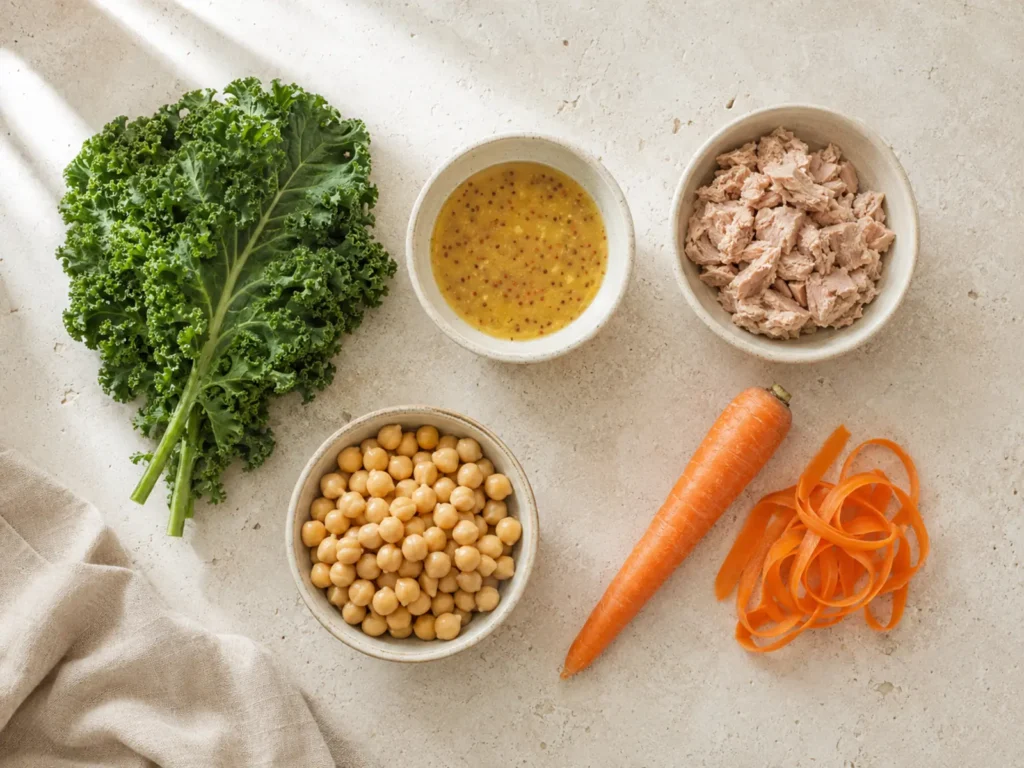 Chickpea Tuna Salad ingredients with kale, tuna, chickpeas, carrot, and honey-mustard vinaigrette.