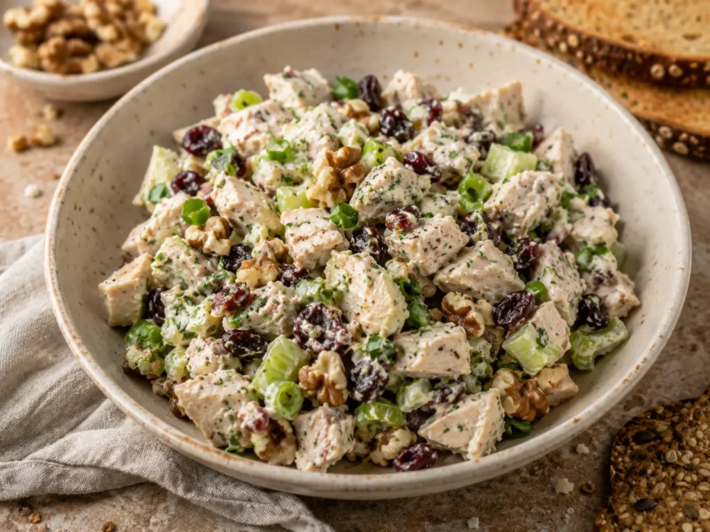 Cranberry Walnut Chicken Salad with diced chicken, celery, dried cranberries, walnuts, parsley, and creamy Greek yogurt dressing