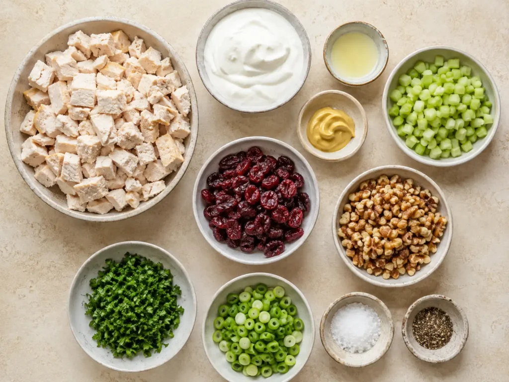 Ingredients for Cranberry Walnut Chicken Salad arranged with cooked chicken, Greek yogurt, lemon, Dijon, celery, dried cranberries, walnuts, parsley, green onions, salt, and black pepper