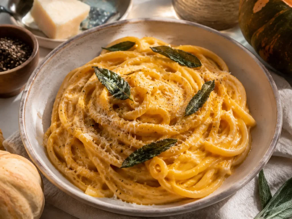 Creamy Butternut Squash Pasta twirled in a ceramic bowl with crisp sage and Parmesan