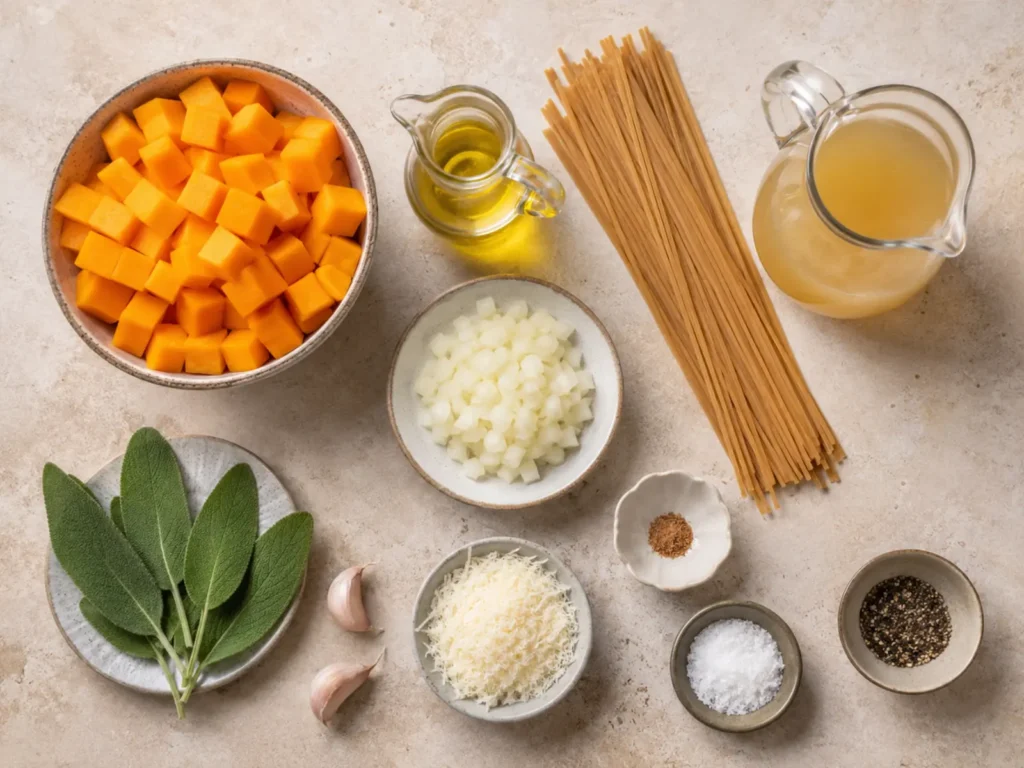 Ingredients for Creamy Butternut Squash Pasta arranged with butternut squash, whole-wheat linguine, olive oil, sage, onion, garlic, vegetable broth, Parmesan, nutmeg, salt, and pepper