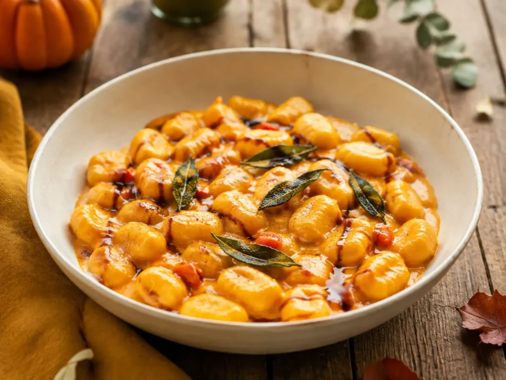 Creamy Pumpkin Gnocchi coated in a silky orange sauce with crisp sage in a shallow ceramic bowl