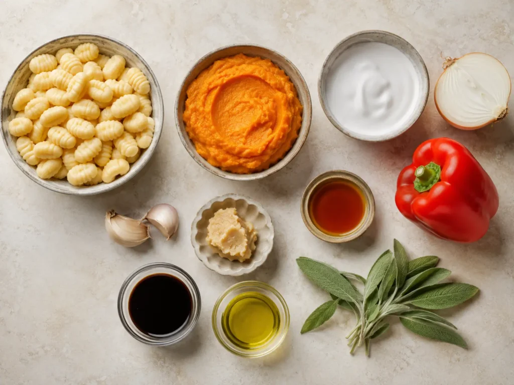 Ingredients for Creamy Pumpkin Gnocchi arranged with gnocchi, pumpkin, coconut cream, onion, red pepper, garlic, miso, maple syrup, balsamic vinegar, olive oil, and sage