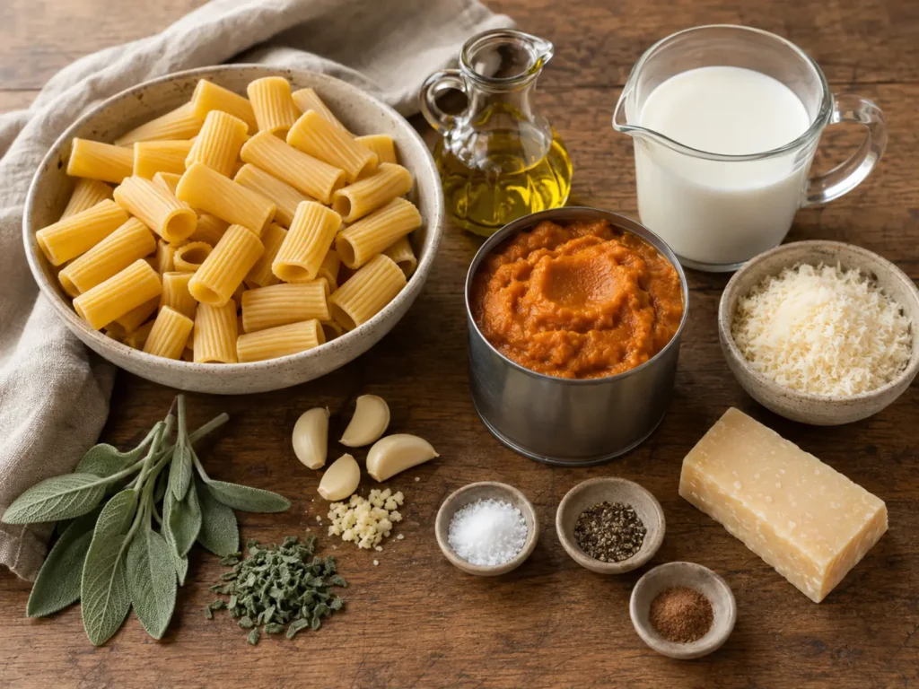 Creamy pumpkin pasta ingredients with rigatoni, pumpkin puree, milk, Parmesan, olive oil, fresh sage, garlic, salt, black pepper, and nutmeg.