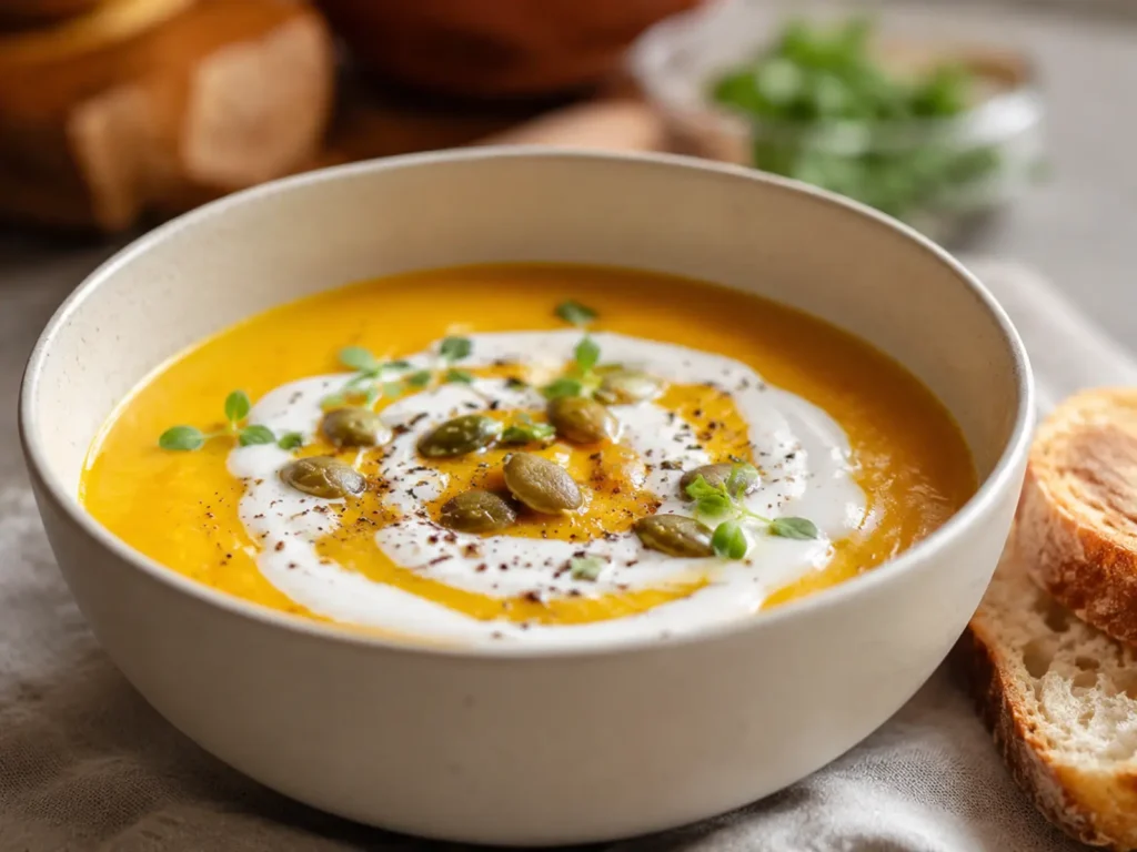 Creamy Pumpkin Soup for Lunch in a bowl with a coconut milk swirl, black pepper, and pumpkin seeds