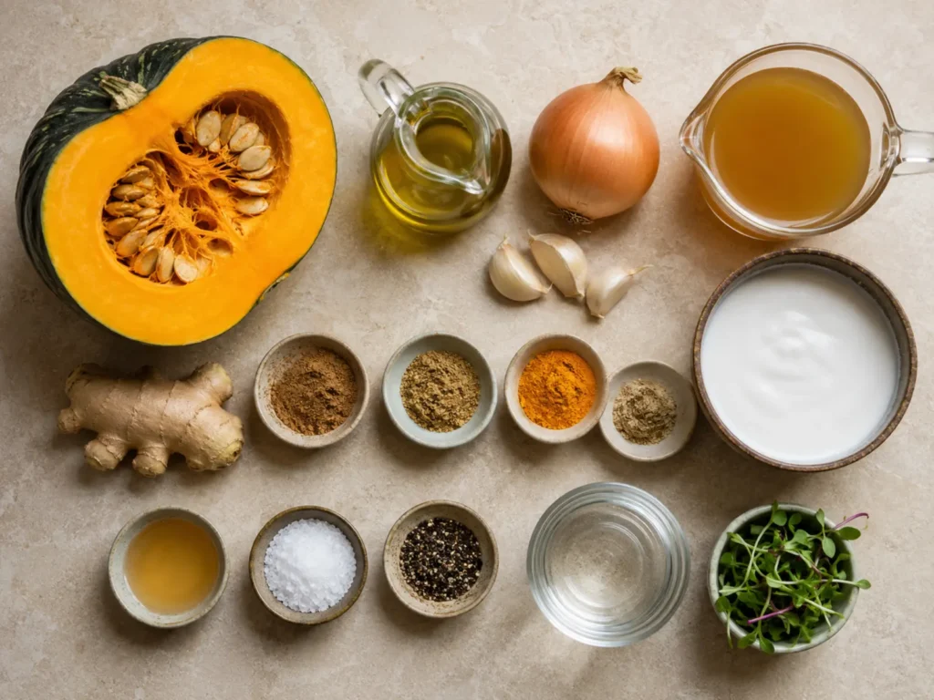 Ingredients for Creamy Pumpkin Soup arranged with fresh kabocha squash, coconut milk, onion, garlic, ginger, curry spices, vegetable broth, olive oil, apple cider vinegar, salt, and pepper