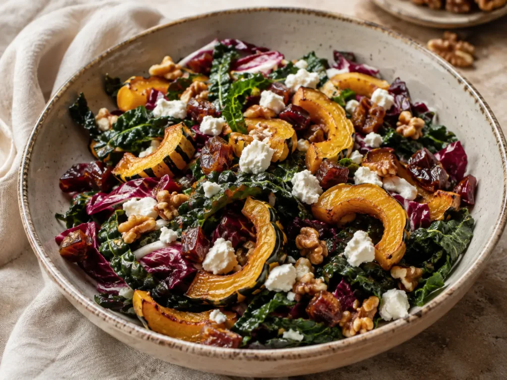 Delicata Squash Kale Salad with roasted squash half-moons, radicchio, dates, walnuts, goat cheese, and honey-balsamic dressing