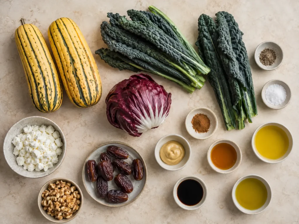 Ingredients for Delicata Squash Kale Salad arranged with delicata squash, kale, radicchio, goat cheese, dates, walnuts, cinnamon, Dijon, honey, balsamic vinegar, olive oil, salt, and pepper
