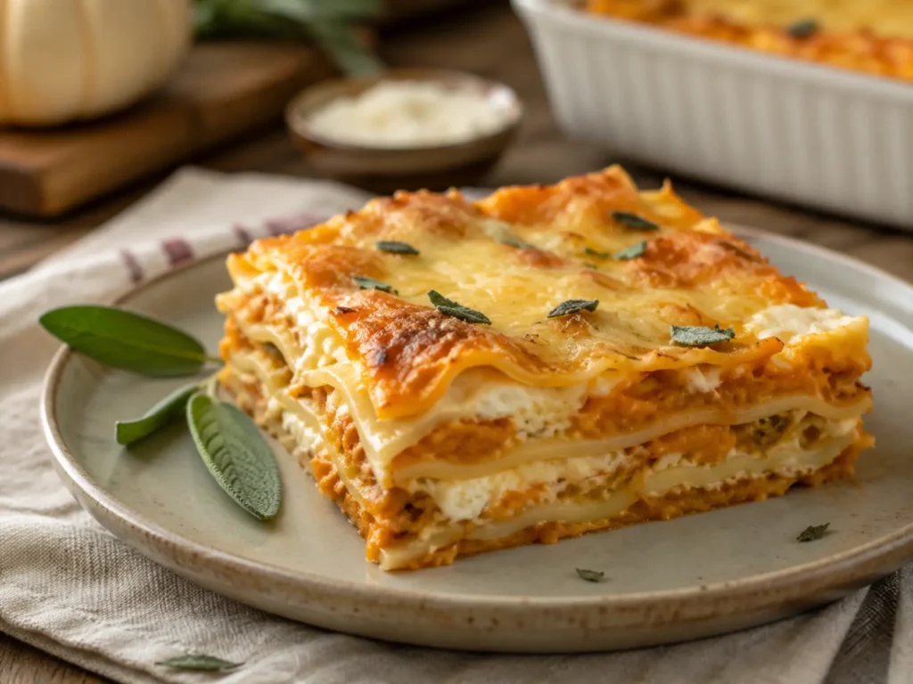A square of Easy Pumpkin Lasagna showing creamy pumpkin, ricotta, and pasta layers with a golden cheese top