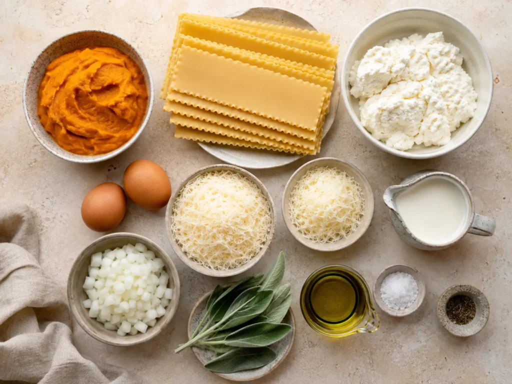 Ingredients for Easy Pumpkin Lasagna arranged with pumpkin, ricotta, eggs, oven-ready noodles, Parmesan, Asiago, onion, sage, half-and-half, olive oil, salt, and pepper