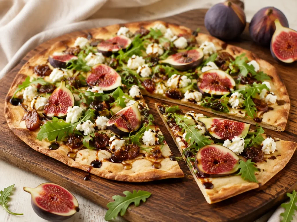 Fig Goat Cheese Flatbread topped with caramelized and fresh figs, creamy goat cheese, arugula, and fig balsamic drizzle